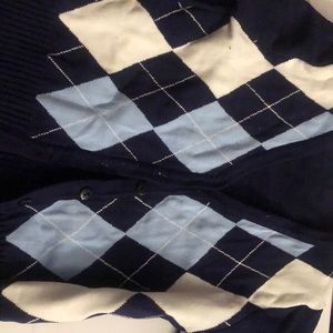 blue and white argyle sweater